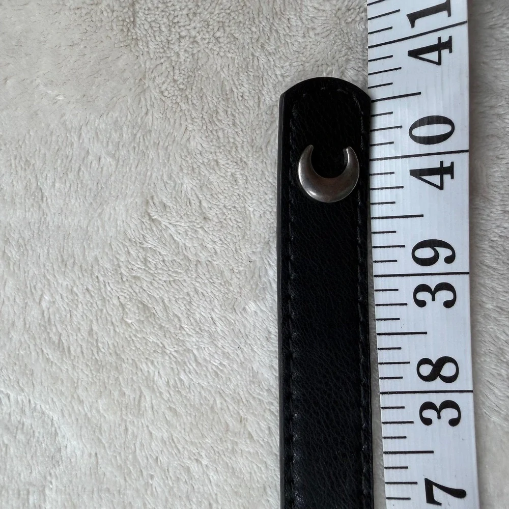 Womens Black Faux Leather Slim Belt Silver Crescent Moon Studs Oval Buckle Y2K